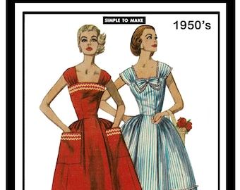 May include: A vintage sewing pattern illustration featuring two women wearing 1950s style dresses. The dress on the left is red with white trim and the dress on the right is blue and white striped with a white lace trim. The text "SIMPLE TO MAKE" and "1950's" is at the top of the image. The text "Retro Sewing" is in a circle at the bottom of the image.