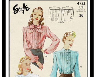 1940's Vintage Sewing Pattern Blouse With Tie Neck - Bust 36 - Style 4733