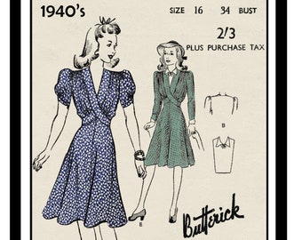 1940's Wartime Tea Dress and Dickie Front PDF Sewing Pattern