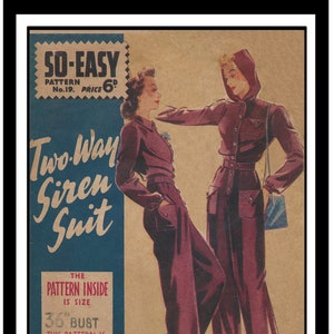 1940 s Wartime Two Way Siren Suit Vintage Sewing Pattern Bust 36 PDF Instant Download