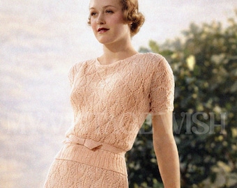 1930s Lace Two Piece Suit Knitting Pattern PDF, Vintage Ladies Suit, Bust 34–36