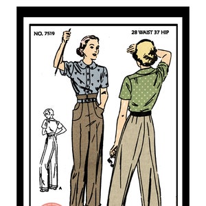 1940s WW2 Vintage Sewing Pattern W28 H38 WOMENS PANTS TROUSERS (1337)