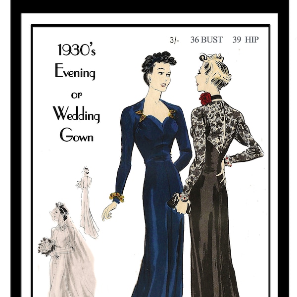 1930s Glamouröses Abendkleid oder Brautkleid Muster Büste 36