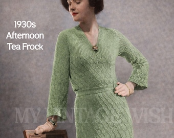 1930s Afternoon Tea Frock Knitting Pattern PDF, Vintage Ladies Dress