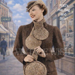 May include: A vintage image of a woman in a brown tweed suit, hat, scarf, and handbag. The ensemble is reminiscent of 1930s fashion. The round handbag is held in front of the woman. The image has a retro aesthetic, with text that reads "Retro Crochet".