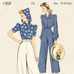 Könnte beinhalten: Eine Vintage-Schnittmuster-Illustration mit der Beschriftung 1459, 15c und Size 18-36 Bust. Sie zeigt zwei Outfits: eine blaue, geblümte Bluse mit Kapuze und weißer weiter Hose sowie einen einfarbigen blauen Jumpsuit mit Gürtel und Strohhut.