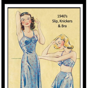 Op de afbeelding: Vintage naaipatroon uit de jaren 1940 voor een slip, knickers en een bh. Het patroon toont twee vrouwen die de kleding dragen in een blauwe bloemenprint. Het patroon is voor een borstomvang van 86 cm.