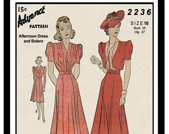 1930s Tea Frock and Bolero PDF Print at Home Sewing Pattern Bust 34