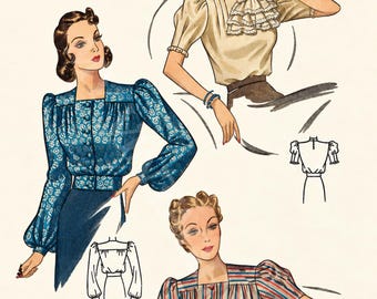May include: A vintage sewing pattern illustration labeled 3056, Size 20, Bust 38. It displays three blouse variations: a long-sleeved blue floral print, a short-sleeved cream blouse with a ruffled collar, and a short-sleeved striped blouse with buttons.