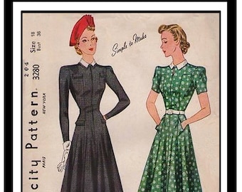 1940's Wartime Preppy Style Afternoon Dress Print at Home PDF Sewing Pattern