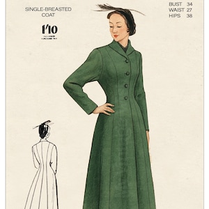 May include: A vintage Weldons Pattern 4253 sewing envelope featuring a single-breasted coat with a high collar and four buttons. The illustration shows a green coat with a flared skirt, bust 34, waist 27, and hips 38. Includes a back view sketch.