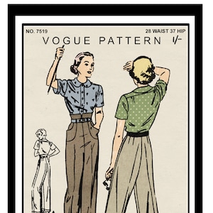 1940's Slacks (Hepburn Trousers) with High or Low waistline PDF Print at Home Sewing Pattern - Waist 28