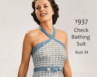 1930s Halter Neck Knitted Bathing Suit Pattern, Vintage Swimwear PDF, Bust 34"