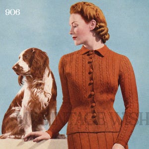 May include: A rust-colored knitted jumper suit featuring a button-down cardigan with a collar and long sleeves, paired with a matching skirt. The text 906, 1930's Jumper Suit, and Designed to fit a 34-35 inch Bust are visible on the image.
