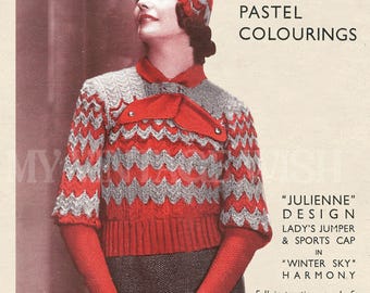 1930's Vamp Style Striped Jumper and Matching Cap Bust 34 PDF Knitting Pattern
