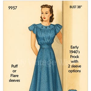 1940&#39;s Tea Frock with Two Sleeve Options PDF Sewing Pattern - Instant Download