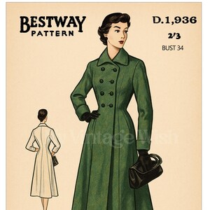 1940's Double Breasted Princess Coat Ready Printed Sewing Pattern Bust 34