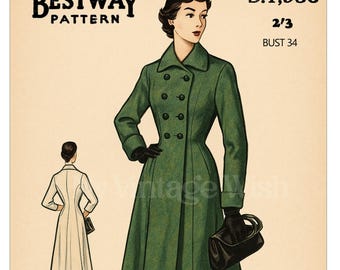 1940's Double Breasted Princess Coat Ready Printed Sewing Pattern Bust 34