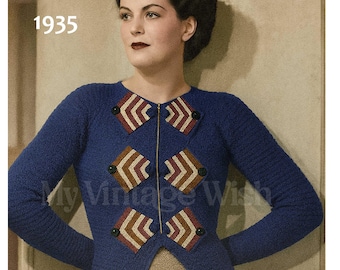 1930s Zip Front Jumper Knitting Pattern: 3 Ply Sweater (PDF Download)