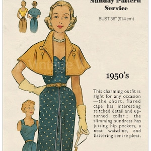 1950s Sun Dress Sewing Pattern with Cape (Bust 36”) (Digital Download)