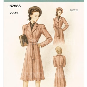1940s Wartime Wrap Coat Vintage Sewing Pattern PDF Bust 36