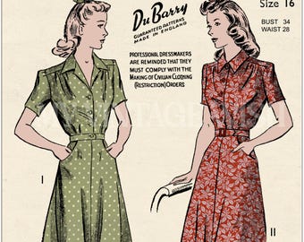 1940s Wartime Shirt Dress with Pockets PDF Sewing Pattern Bust 34