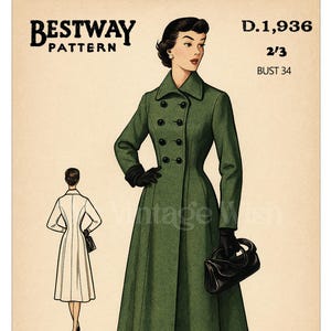 1940&#39;s Double Breasted Princess Coat PDF Print at Home Pattern