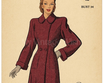 1940s Panelled Coat with Pockets PDF Sewing Pattern Bust 34
