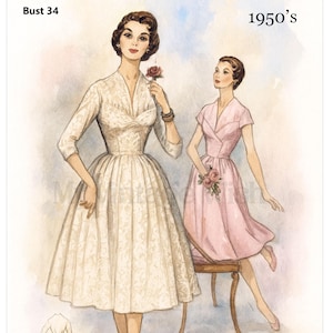 1950&#39;s Tea Length Wedding Dress PDF Sewing Pattern Bust 34