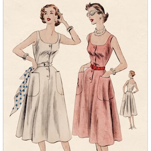 1950s Summer Dress with Circular Skirt, Pockets & Belt – Bust 34” PDF Sewing Pattern
