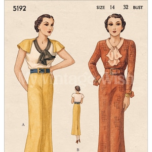 1930s Tea Dress Sewing Pattern: Two-Piece Skirt, Sleeve Options (PDF Download Bust 32&quot; )