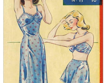 Patrón de costura en PDF de sujetador, bragas y combinación de los años 40, busto 34