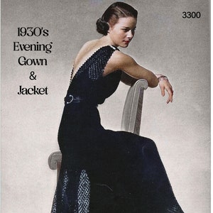 Pode incluir: Um padrão vintage de tricô e crochê para um vestido de noite e uma jaqueta dos anos 1930. O padrão é ilustrado com uma mulher vestindo um vestido preto com uma sobreposição de renda. O número do padrão é 3300.