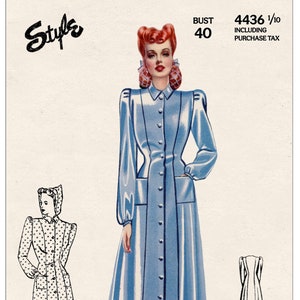 1940s Princess House Coat with Hood PDF Sewing Pattern Bust 40