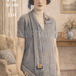 1920's Flapper Pullover mit Schal, Mütze und Tasche PDF Strickmuster