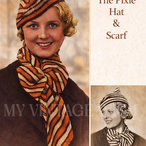 Modello di maglia per cappello e sciarpa Pixie anni '30 / Design a righe vintage