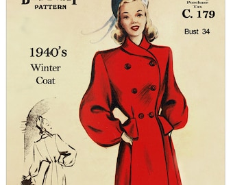 1940's Double Breasted Roll Collar Coat Ready Printed Sewing Pattern