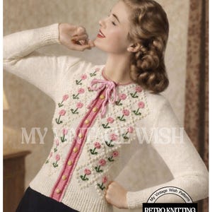 1940s Ladies Tyrolean Button-Up Jumper PDF Knitting Pattern | Vintage Floral Cardigan Bust 34–35