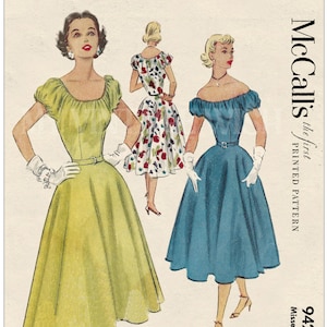 1950s Off Shoulder Bardot Dress Sewing Pattern PDF | Vintage Retro Style Dress | Bust 34 | Digital Download Pattern
