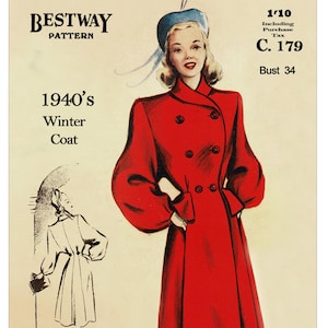 1940s Double Breasted Roll Collar Coat Sewing Pattern PDF | Vintage Tailored Coat | Instant Download