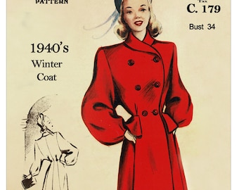 1940s Double Breasted Roll Collar Coat Sewing Pattern PDF | Vintage Tailored Coat | Instant Download