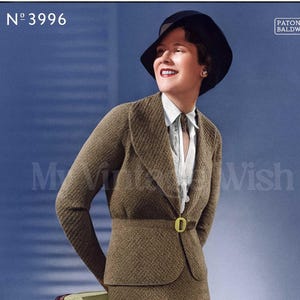May include: Vintage knitting pattern advertisement featuring a woman in a brown knit suit with a matching hat. The suit has a tailored jacket with a belt and a pencil skirt. The image includes text that reads "Retro Knitting" and "Patons & Baldwins' Helps to Knitters."