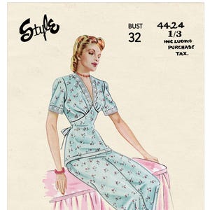 May include: A vintage illustration of a woman wearing a light blue pajama set with a floral print. The set includes a top with a V-neckline and a matching pair of pants. The woman is sitting on a pink bed with a white ruffle. The illustration is from a vintage sewing pattern and includes the pattern number 4424 1/3 and bust size 32.  The text "Style" is in the top left corner of the image.