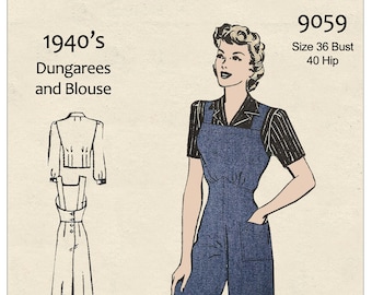 1940's Dungarees and Blouse -  Rosie the Riveter - PDF Print at Home Sewing Pattern