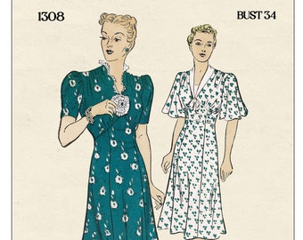 1930s Flutter or Puff Sleeve Tea Dress Pattern Bust 34