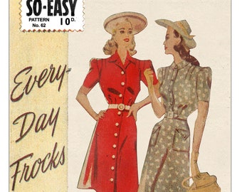 1940's  Every Day Frock PDF Sewing Pattern  Bust 36
