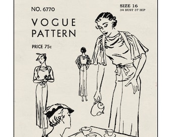 1930s Flutter or Long Sleeve Evening Dress Pattern Bust 34