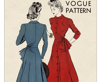 1940's Button Front Tea Dress Bust 34 PDF Sewing Pattern