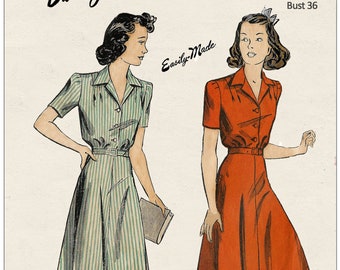 1940's Wartime Shirtwaist Dress PDF Sewing Pattern Bust 36