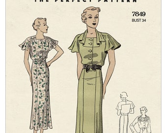 1930's Cape Sleeve Tea Dress PDF Sewing Pattern Bust 34